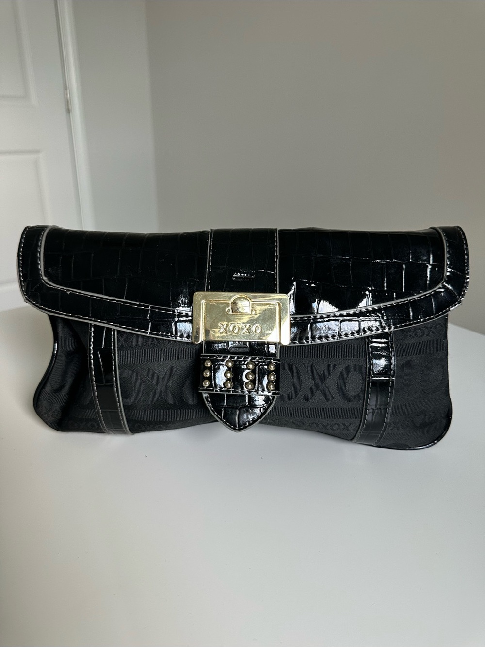 XOXO Black Patent & Fabric Clutch with Gold Lock